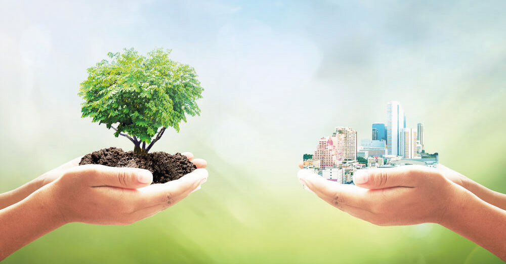 unas manos con árbol y otras con edificios