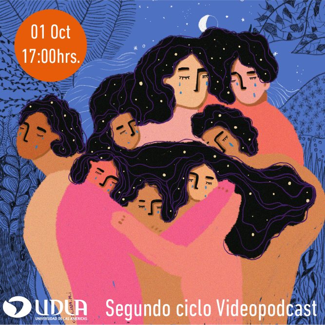 Afiche Segundo ciclo videopodcast, dibujo de mujeres abrazadas